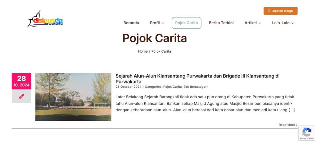 Laman Pojok Carita pada website Disarpus Purwakarta