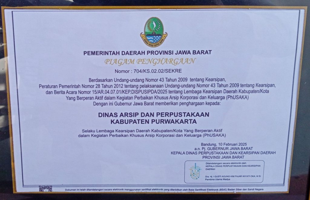 Penghargaan Dinas Arsip dan Perpustakaan 2025 Berperan Aktif dalam Kegiatan Perbaikan Arsip Korporasi PhUsaka
